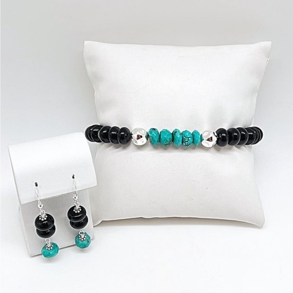 Unisex Turquoise & Black Onyx Bracelet & Earrings, Sterling Silver, NWT, 6.5”-9” - Picture 2 of 9